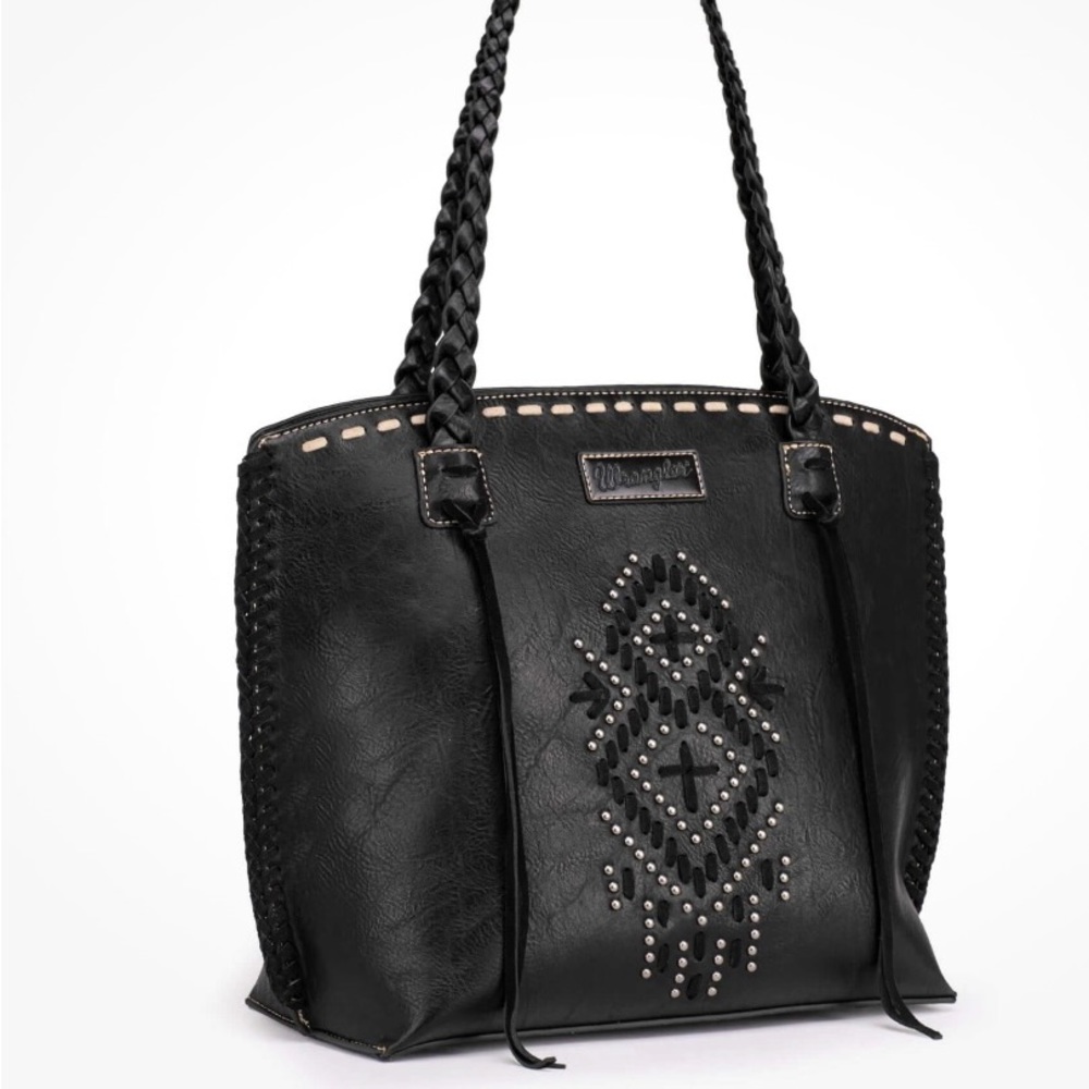 Wrangler Tribal Purse Whip Stitch Braided Strap Tote Bag. Black